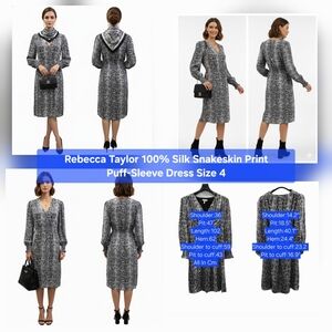 Rebecca Taylor 100% Silk Snakeskin Print Puff-Sleeve Dress Size 4